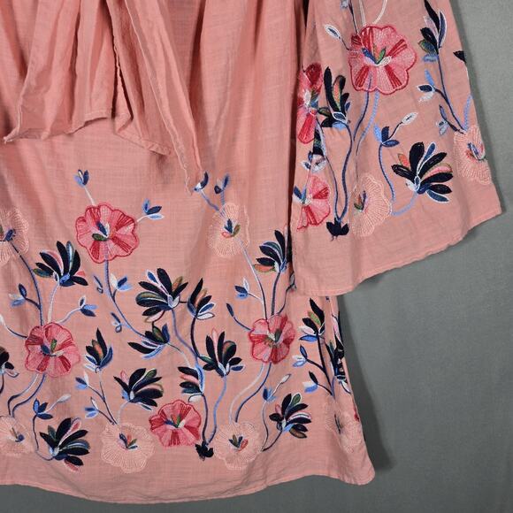 Velzera Embroidered Peasant Top Womens Small Pink Floral Smocked Bow Cotton - Picture 4 of 11